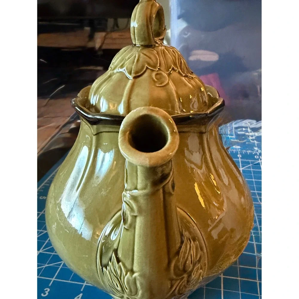 Green Ceramic Teapot Olive Green Embossed Leaf Victorian